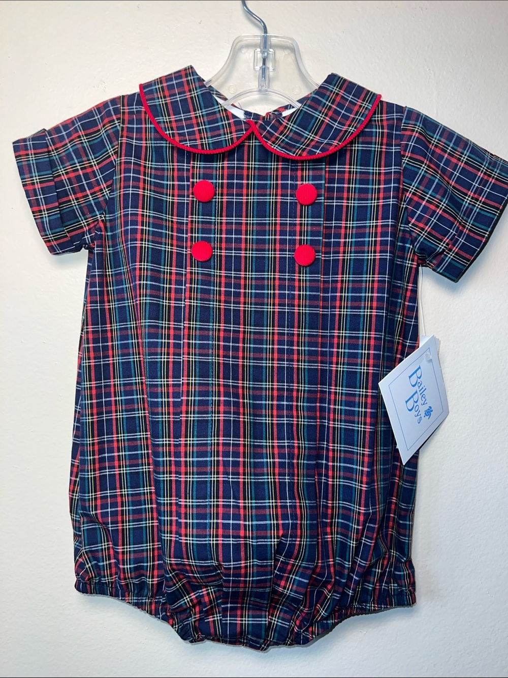 NWT Bailey Boys Navy & Red Plaid Baby Romper with Red Piping Size 12M